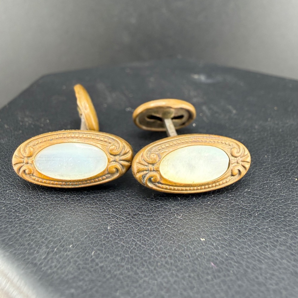 Vintage Cufflinks Gold Tone Oval Etched White Stone Inlay READ